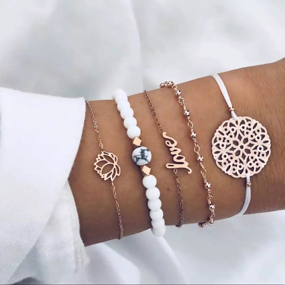 Lotus Rose Gold and White Beaded Bracelet Set